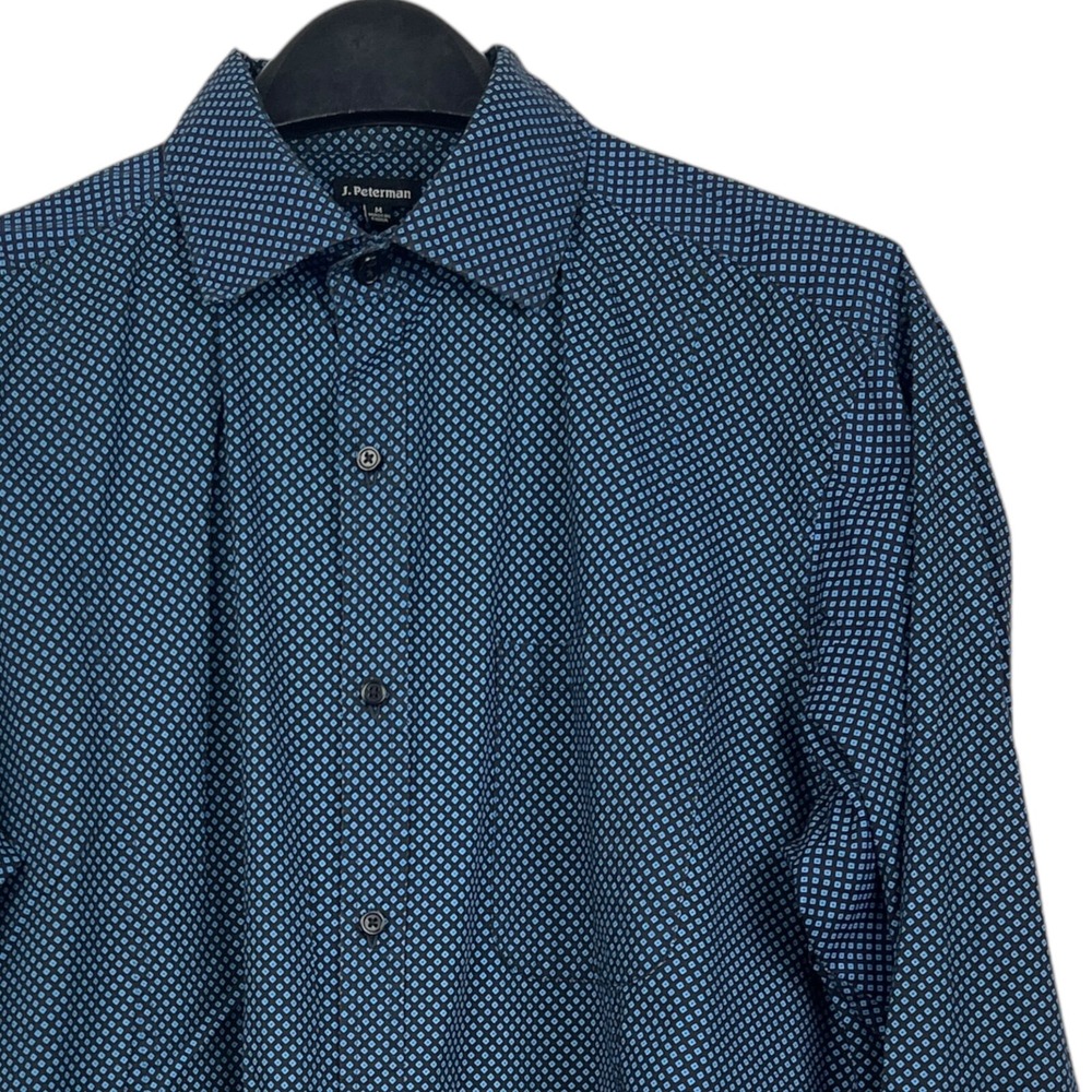 J. Peterman Mens M Cotton Stretch Long Sleeve Button Up Black Blue Diamond